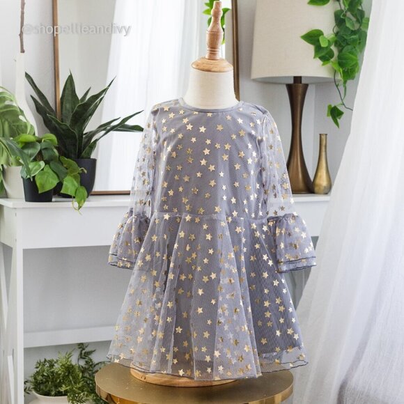 cuteheads Other - cuteheads 4T Girl's Gray Tulle Bell Sleeve Dress with Gold Stars